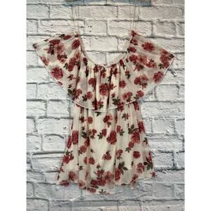 🔥SALE NWT Ultra Flirt White Pink Floral off shoulder Ruffled top Medium A276